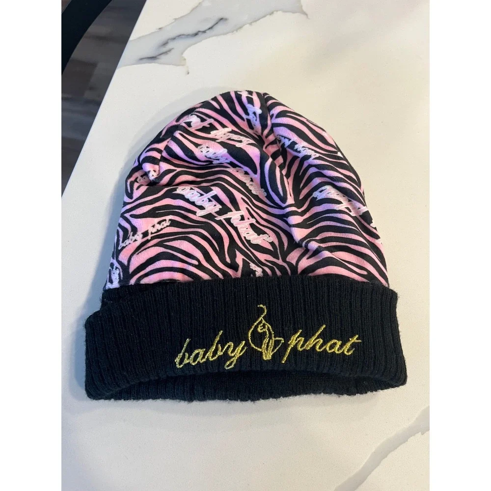 Baby Phat Kids Beanie Hat Pink Black Zebra Print Embroidered‎ Logo One Size